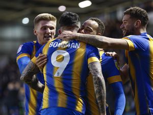 Ryan Bowman of Shrewsbury Town celebrates with his team mates after scoring a goal to make it 2-1...