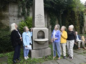 Ironbridge residents who have been campaigning to get The Bartlett Drinking Water Fountain back to its original site. From left are Viv Moore, Vicky Jones, Margaret Roberts, Gill Beach and Elaine Rye. Photo: Dave Bagnall.