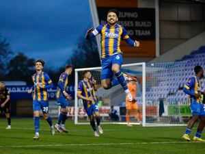 Luke Leahy of Shrewsbury Town celebrates after scoring a goal to make it 3-1 from the penalty spot (AMA)