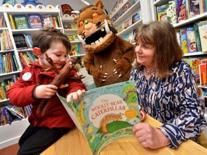 Julia Donaldson at Booka Bookshop with three-year-old Marley Hughes from Gobowen