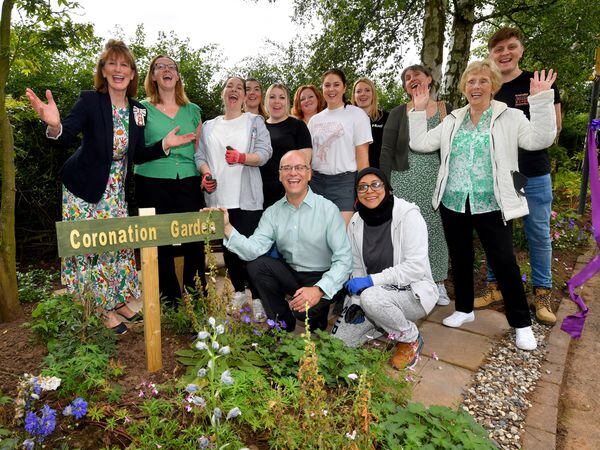 Anna Turner, Lord Lieutenant of Shropshire officially opens the new Coronation Garden area at The Albrighton Trust. She is pictured left, with volunteers