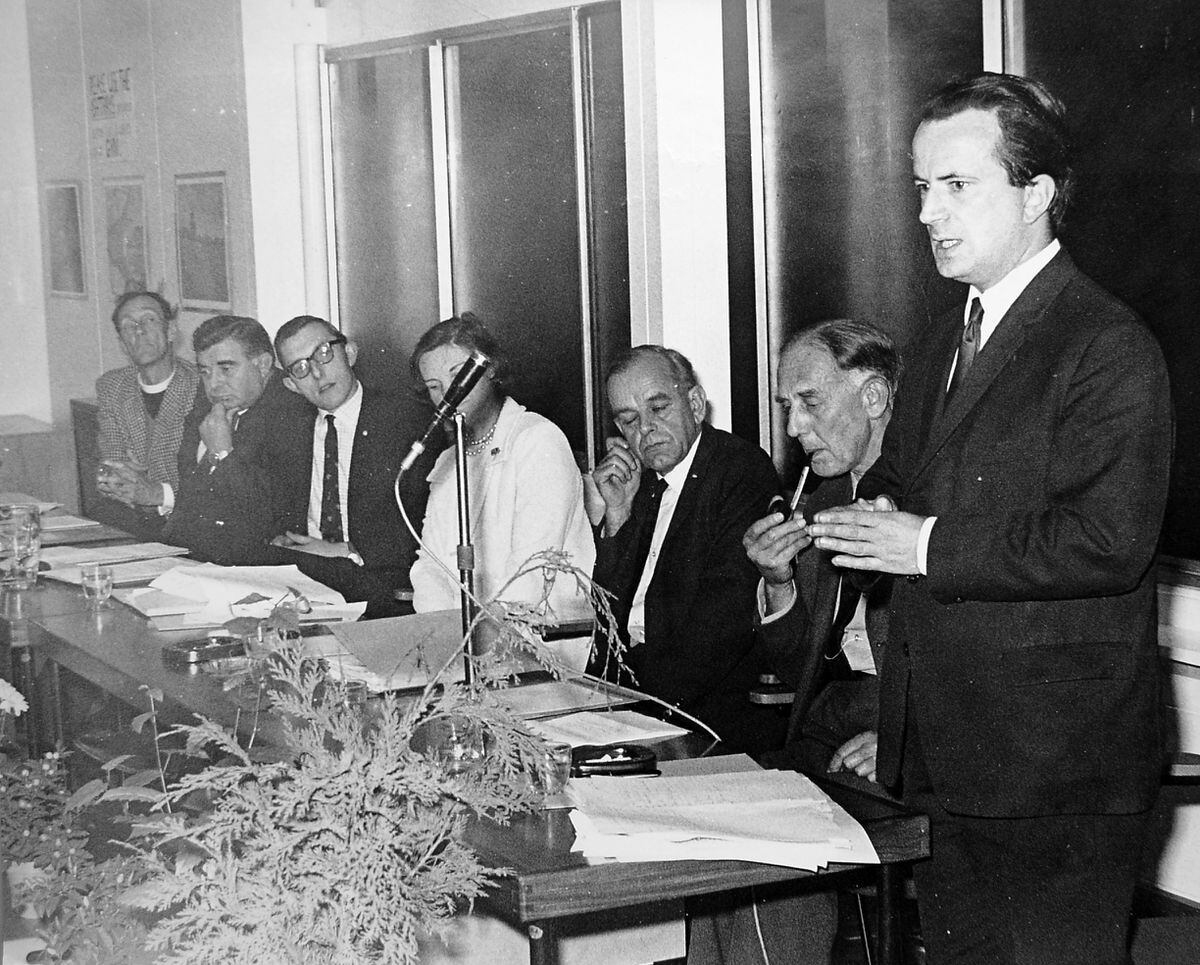 Gerry Fowler, the then MP for The Wrekin, speaking at a public meeting at St Mary's Primary School, Albrighton, attended by nearly 400 people in October 1969. Worried parents crowded into the school to complain about the lack of adequate secondary schools in their area. But they were told they might have to wait until 1973 for a comprehensive school. We're talking about the Albrighton near Shifnal, by the way, not the one near Shrewsbury.