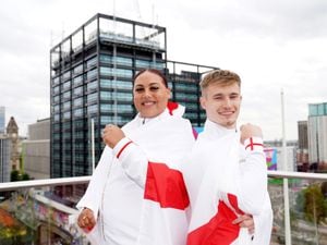 England flagbearers Emily Campbell and Jack Laugher ahead of the Commonwealth Games in Birmingham.