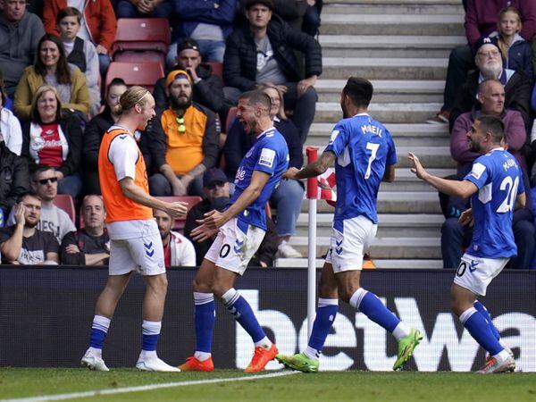 Everton's Conor Coady (left) celebrates scoring their side's first goal of the game during the Premier League match at St. Mary's Stadium, Southampton. Picture date: Saturday October 1, 2022.