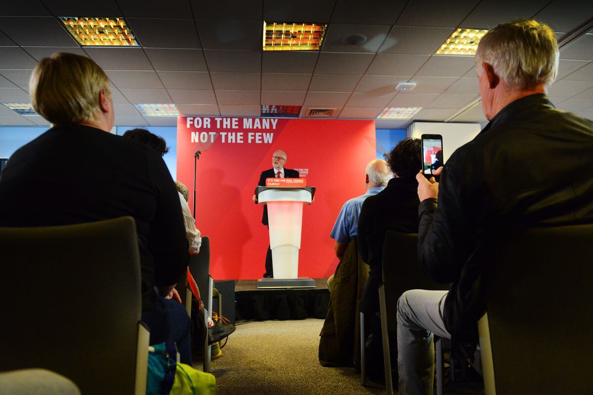 Labour Party leader Jeremy Corbyn speaks to supporters in Telford