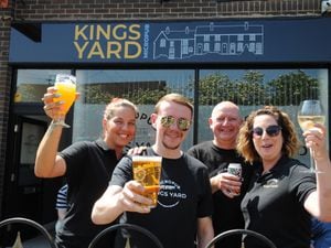 LAST PIC/   DAVID HAMILTON PIC / SHROPSHIRE STAR PIC 31/5/21 At the Kings Yard Micropub, Shifnal, (left-right) staff members Emma Hassall, owner Adam Caton, Max Langford, and Hayley Fisher..