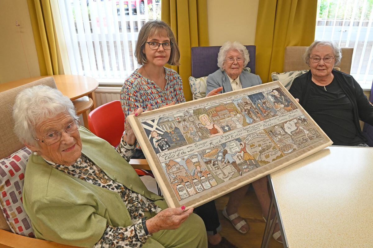 Artist Katy Alston sharing her work at Alveley Day Centre with Betty Painter, Heather Corfield and Sylvia James.