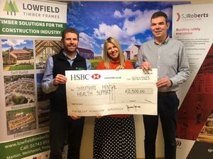 Darren Jarman, from Lowfield, and Mike Sambrook, from SJ Roberts, recently presented the money to Ruth Pemberton from Mental Health Support