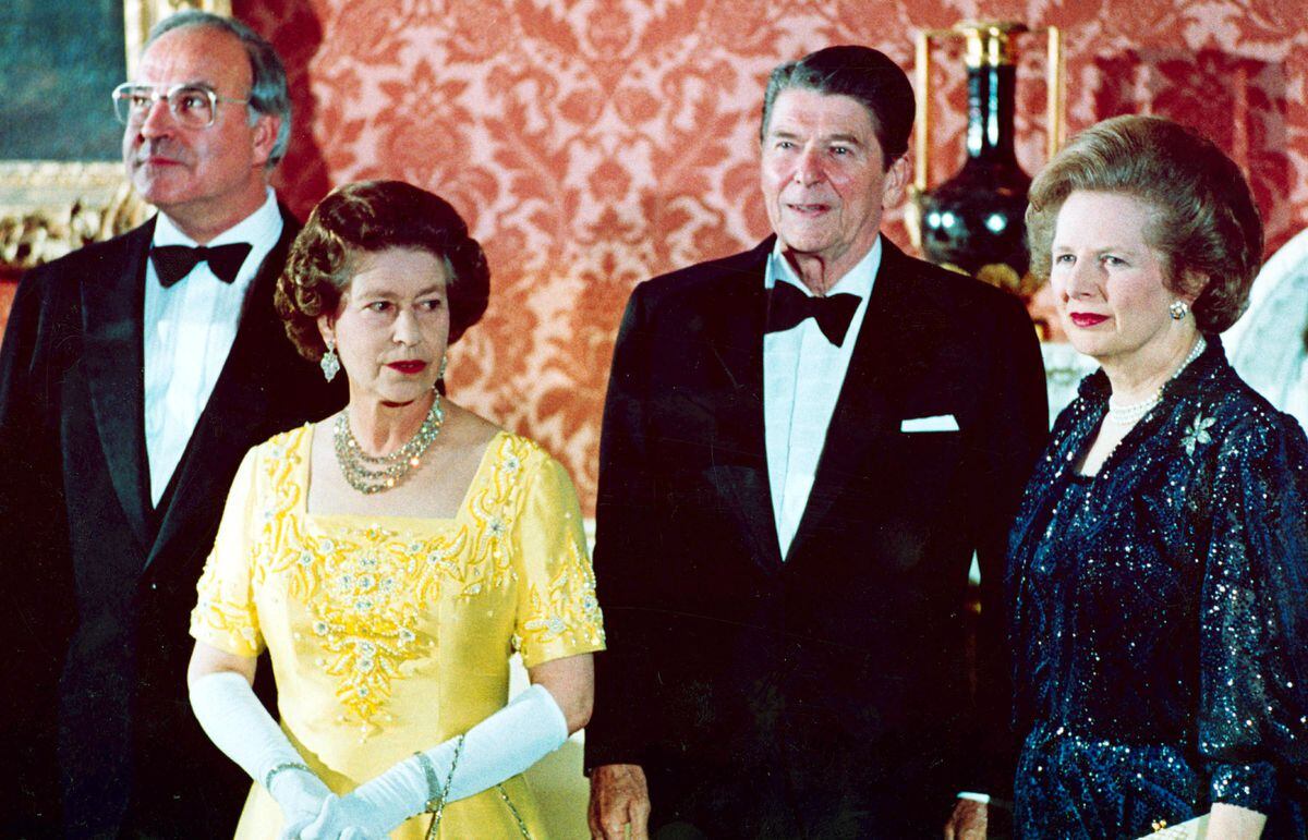 The Queen with West German Chancellor Helmut Kohl, left, U.S. President Ronald Reagan, second right, and Britain's Prime Minister Margaret Thatcher at Buckingham Palace in 1984