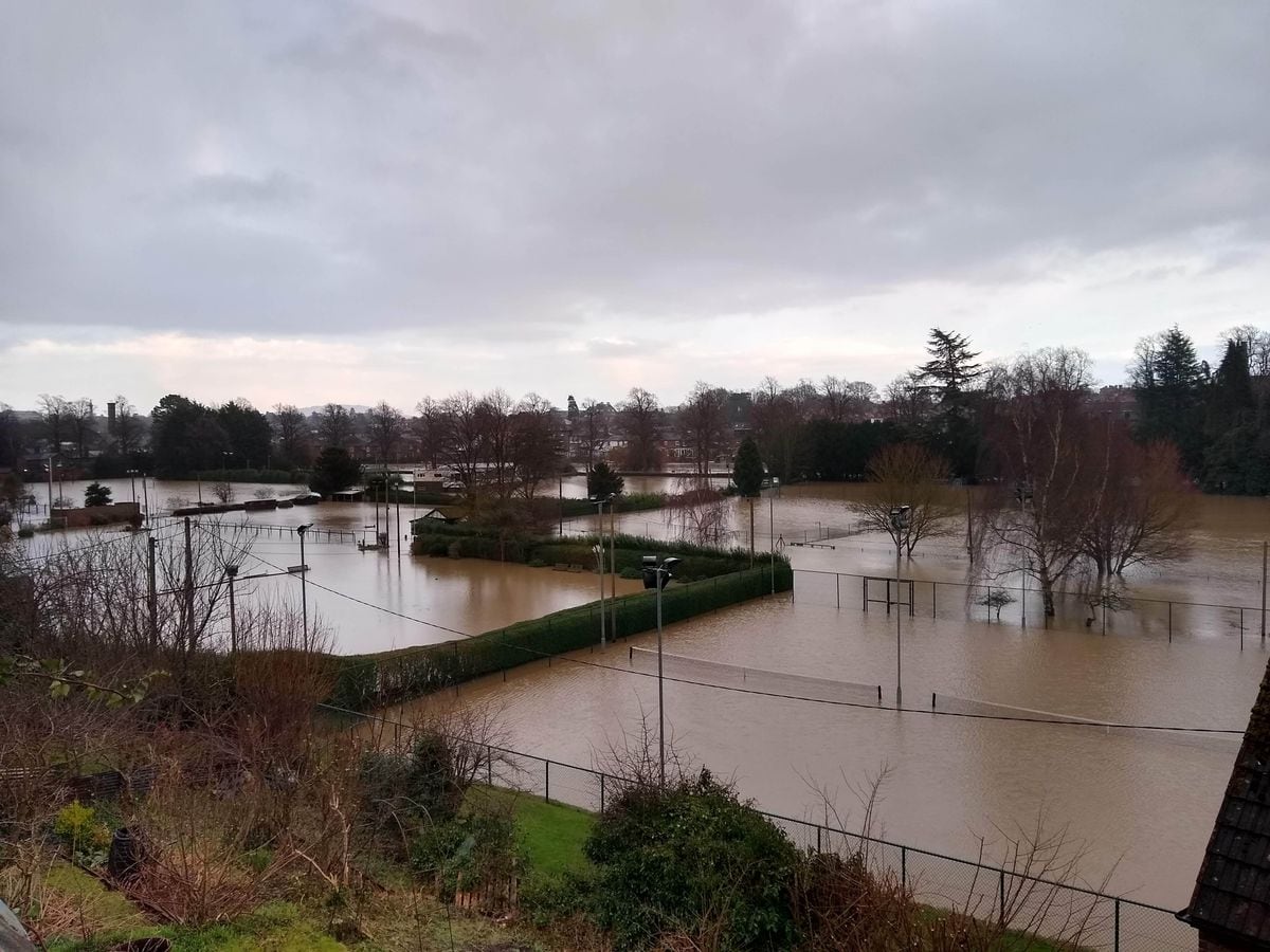Flooding on tennis courts and bowling club below Town Walls in Shrewsbury yesterday afternoon