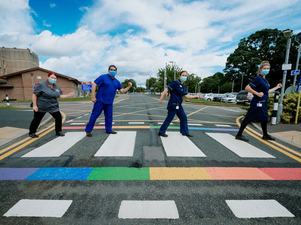 SaTH Royal Shrewsbury Hospital have officially opened a Rainbow Crossing to demonstrate their commitment to Equality, Diversity and Inclusion, and their LGBTQ+ colleagues and communities. In Picture L>R: Ruth Smith, Hamza Ansari, Teresa Cole and Angela Windsor