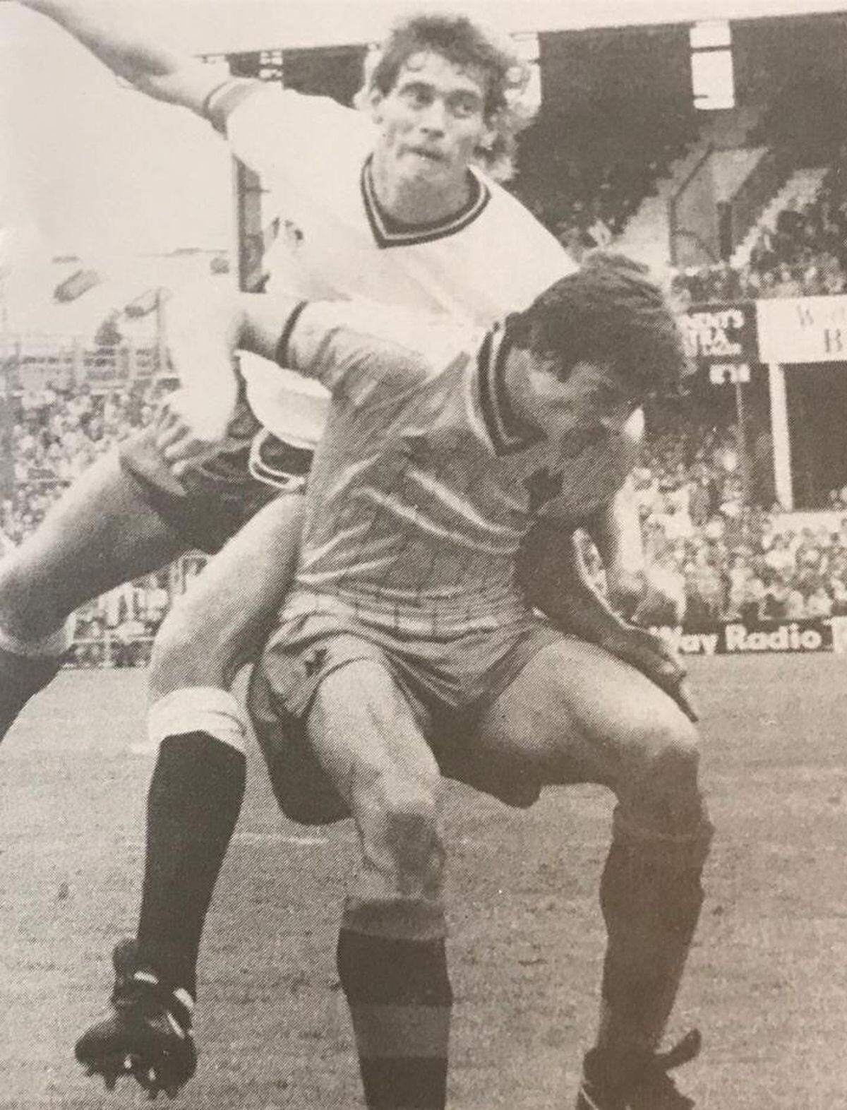 Up against Wolves defender Rob Hindmarch (who has since passed away)