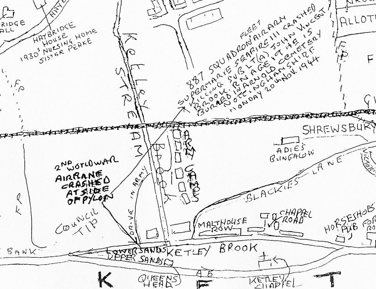 John Doley's map shows where the Seafire involved in the collision came down at Ketley Brook