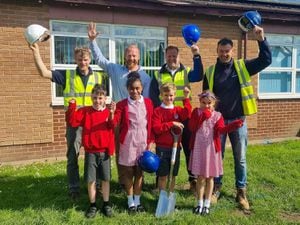 L-R Senior architectural technologist at Property Services Group Martin Ellis, head teacher Carl Rogers, Pave Aways’ construction director Jamie Evans and site manager Dan Owen and pupils celebrate the start of work at Whittington