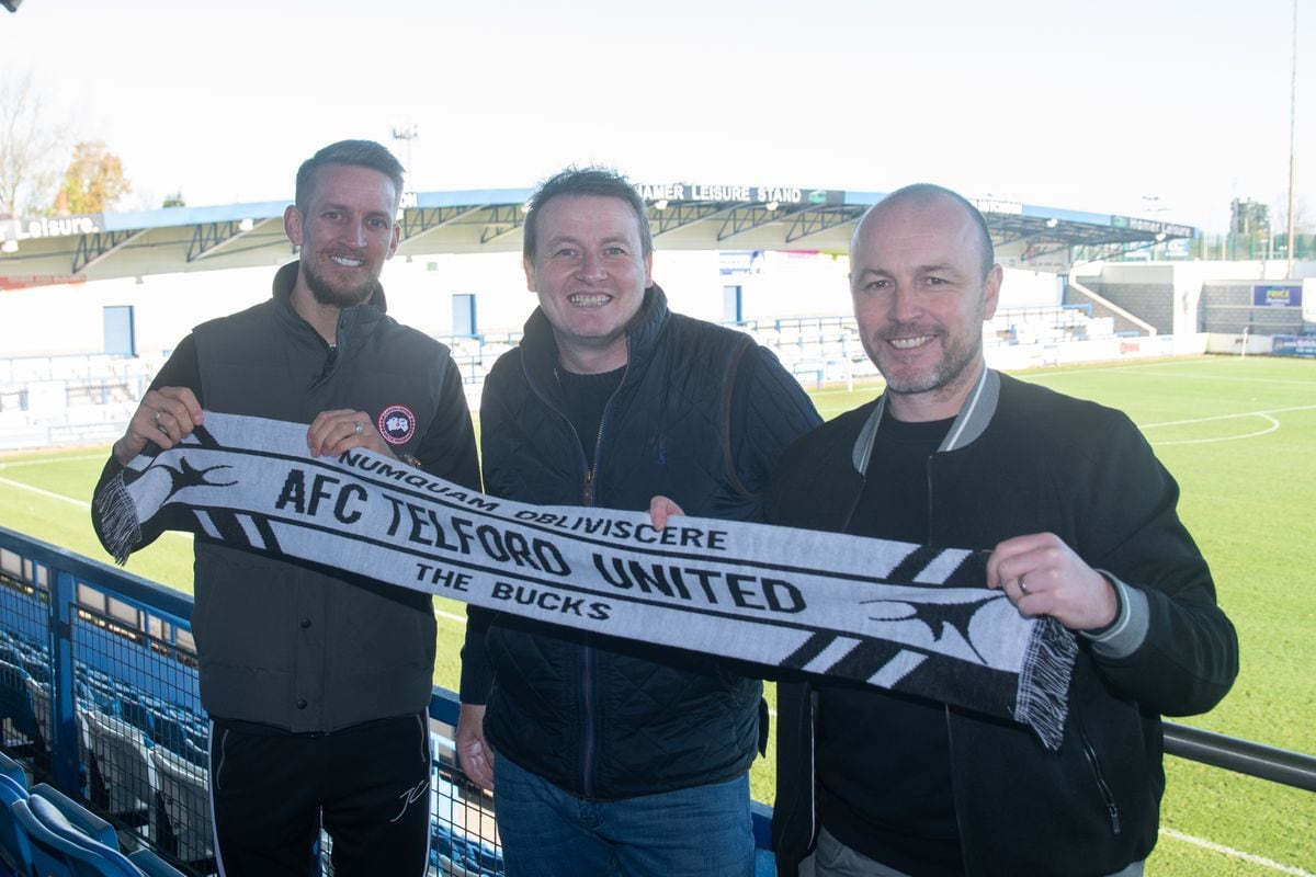 AFC Telford United Chairman Andy Price new manager Paul Carden and assistant manager Carl Baker Pic: Kieren Griffin