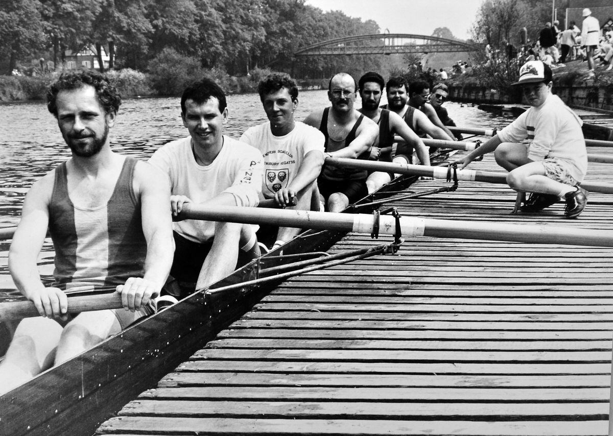 The Pengwern rowing team take to the water at Shrewsbury regatta in May 1989. From left, John Shaddock, Tony Patheyjohns, Danny Croft, Chris Jarrett, Graham Evans, Mal Eade, Mark Beedles, Steve Waterhouse, and John Beedles (cox). 
