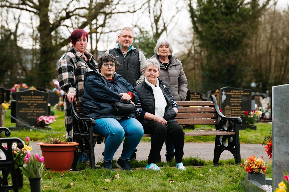 Kerry Thompson and others who have family members buried at Castle Green Cemetery have been left devastated after ornaments were stolen from graves. From left are Kerry Thompson, Heather Myatt, Matthew Owen, Pam Adams, and Sharon Thompson.
