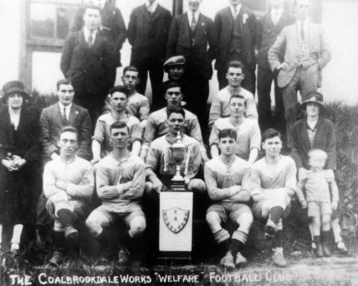 Starting young. The Coalbrookdale Works Welfare Football Club in the 1927-1928 season. Billy is the little boy, far right with his mother, Annie. Front row, seated, far left, is his dad, Tommy Wright.