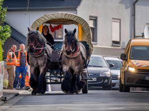 Stephanie Kirchner steers her carriage on the main road through her home town in Germany