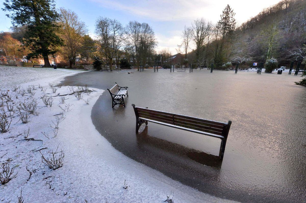 Snow and icy water that has pooled in Dale End Park, Ironbridge