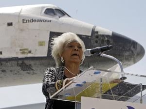 Nichelle Nichols speaks after the Space Shuttle Endeavour lands aboard a NASA Boeing 747