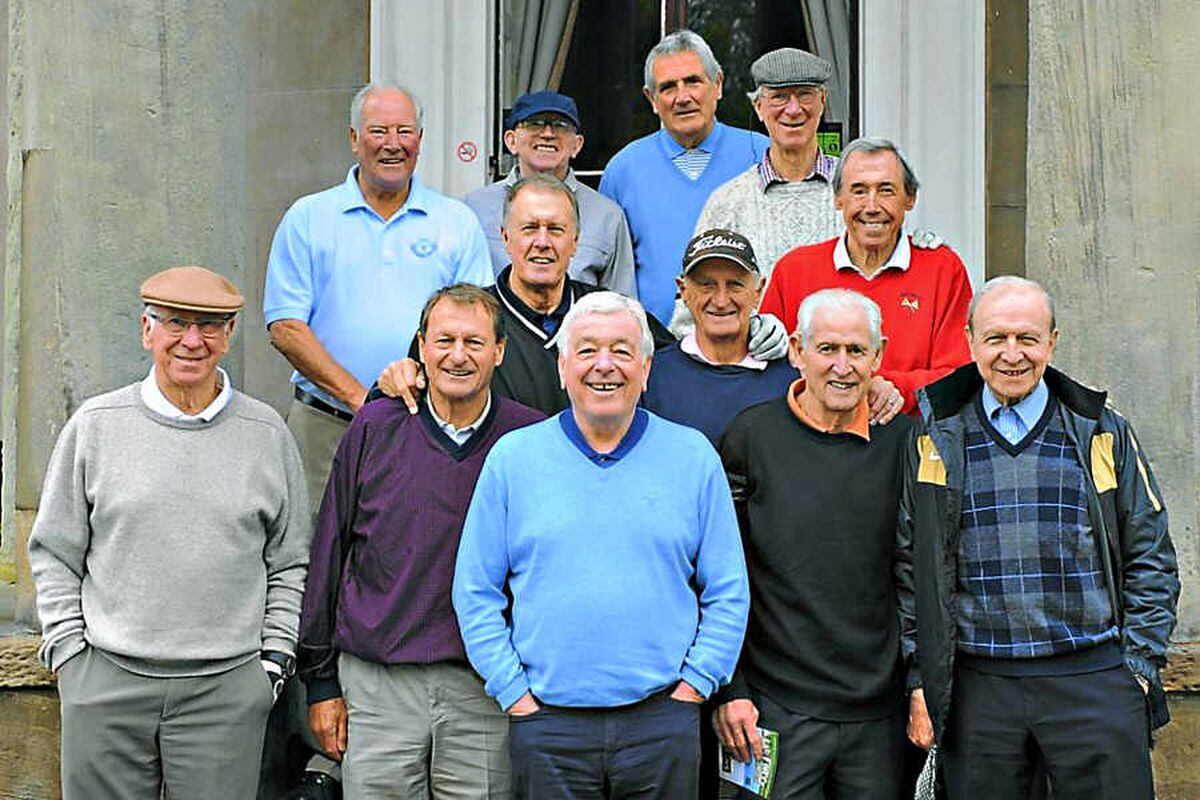 Back row: Ron Flowers, Nobby Stiles, Norman Hunter and Jack Charlton. Middle: Sir Geoff Hurst, George Eastham, Gordon Banks. 
Front row: Sir Bobby Charlton, Roger Hunt, Ian Callaghan, Peter Bonetti and Jimmy Armfield at Brocton Hall.
