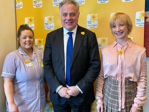 Simon Baynes MP with Danielle Cobb, a Marie Curie Care worker, and Jane Horrocks