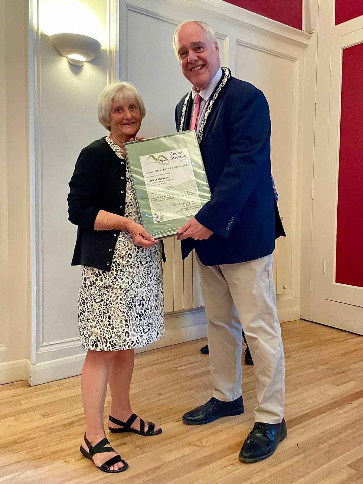 Trish Howard and Mayfair Health Walk leaders were given the Long Service Award for working with adults. It was received on her behalf by another volunteer Lesley Goodwin pictured with mayor Andy Munro
