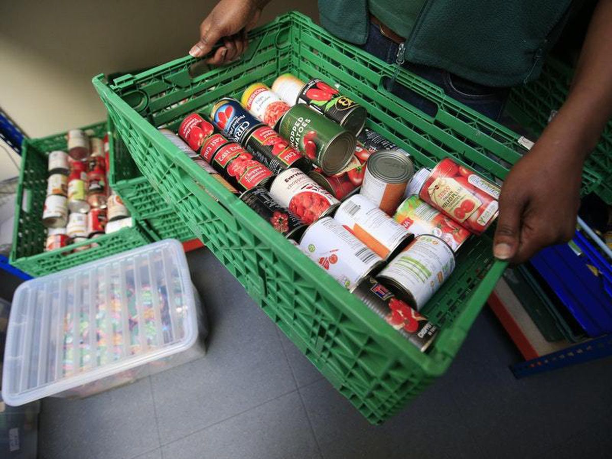 Cans of food being carried in a box