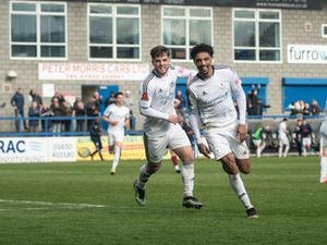 Devarn Green (12) (AFC Telford United Winger) and Ryan Burke (8) (AFC Telford United left back on loan from Mansfield Town FC) celebrating Devarn Green (12) (AFC Telford United Winger) injury time goal (Pic: Kieren Griffin Photography).