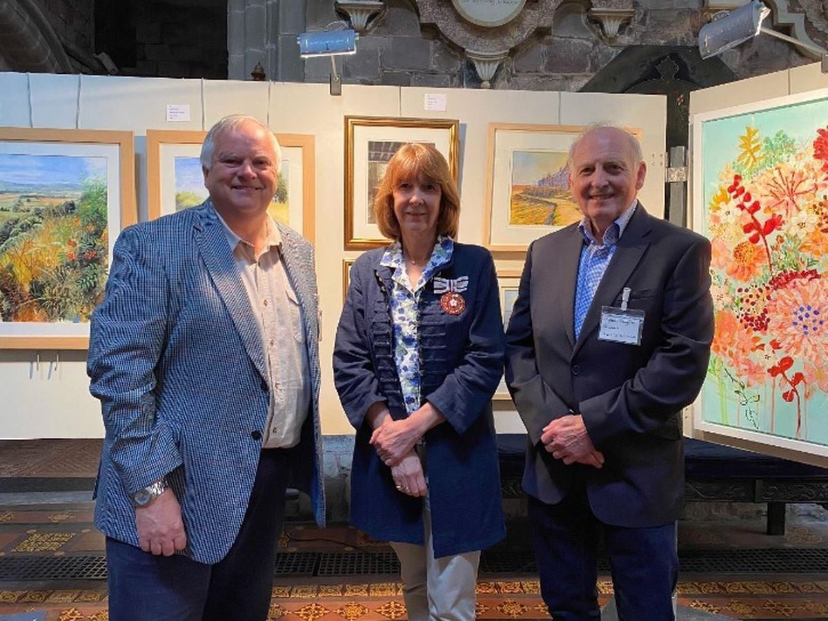 The Shropshire Art Society summer art exhibition is officially opened by Deputy Lieutenant Katherine Garnier pictured centre, Philip Hadley left and Wilfred Langford right.