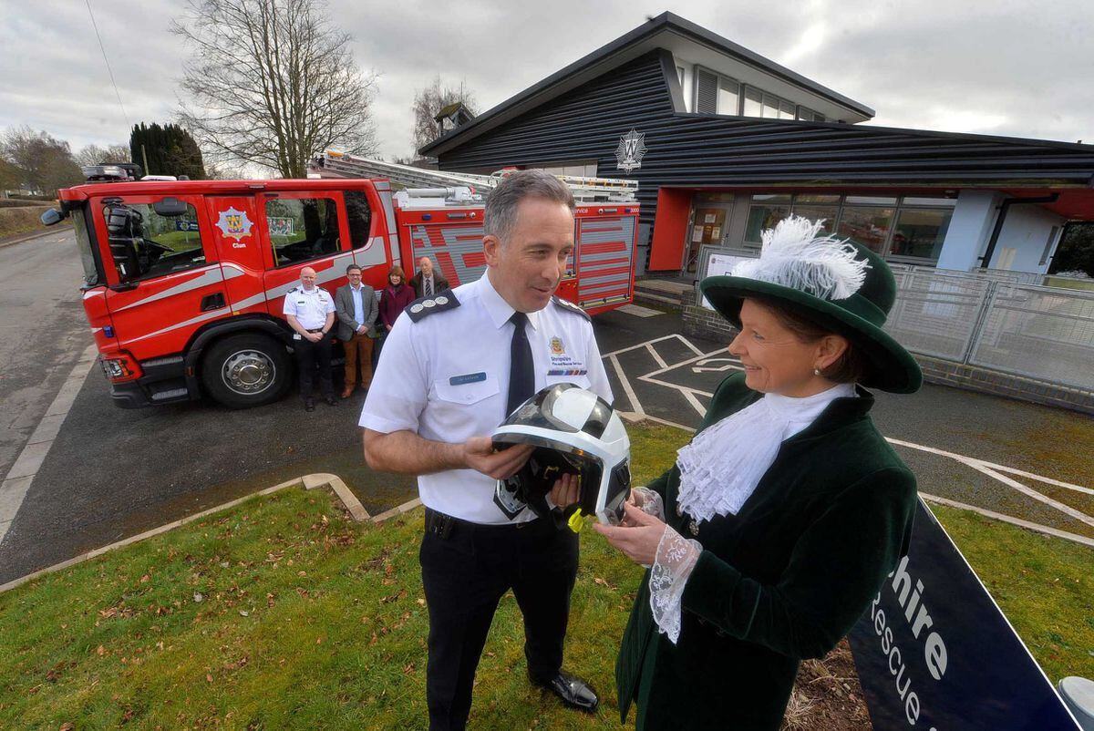  Clun at the Fire Station where High Sheriff Selina Graham chatted to Jim Barker (Station Manager). At the back is Dan Quinn (Asst Chief Fire Officer), Mayor: Ryan Davies, Deputy Mayor: Mark Duffee and Deputy Lieutenant: Katherine Garner..
