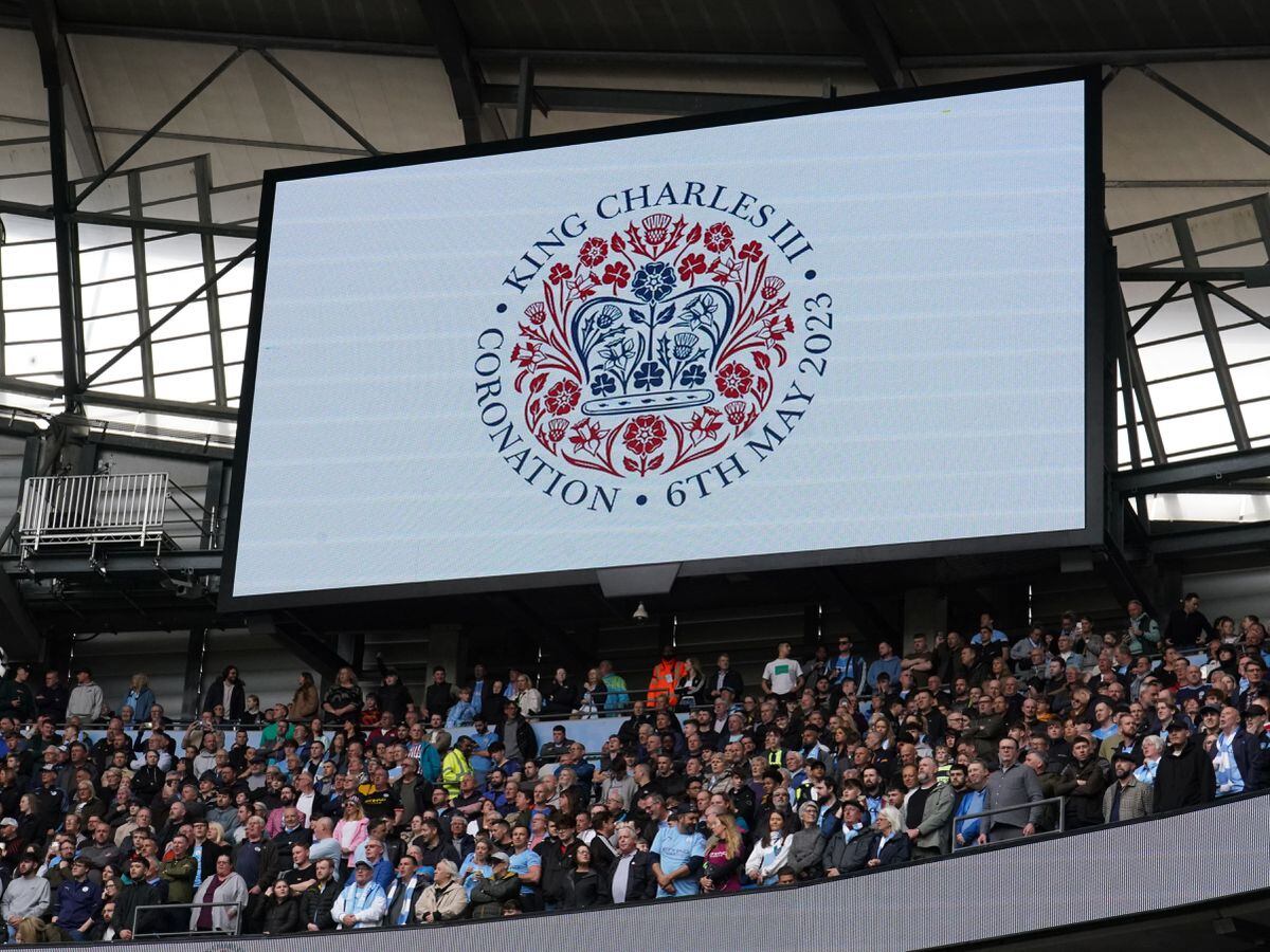 The big screen at Manchester City's Etihad Stadium showed a symbol relating to the King's coronation
