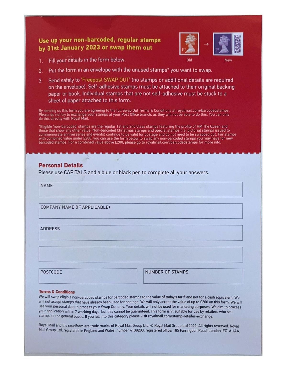 The leaflet contains a form so people can send in their old stamps to swap them for new ones with barcodes
