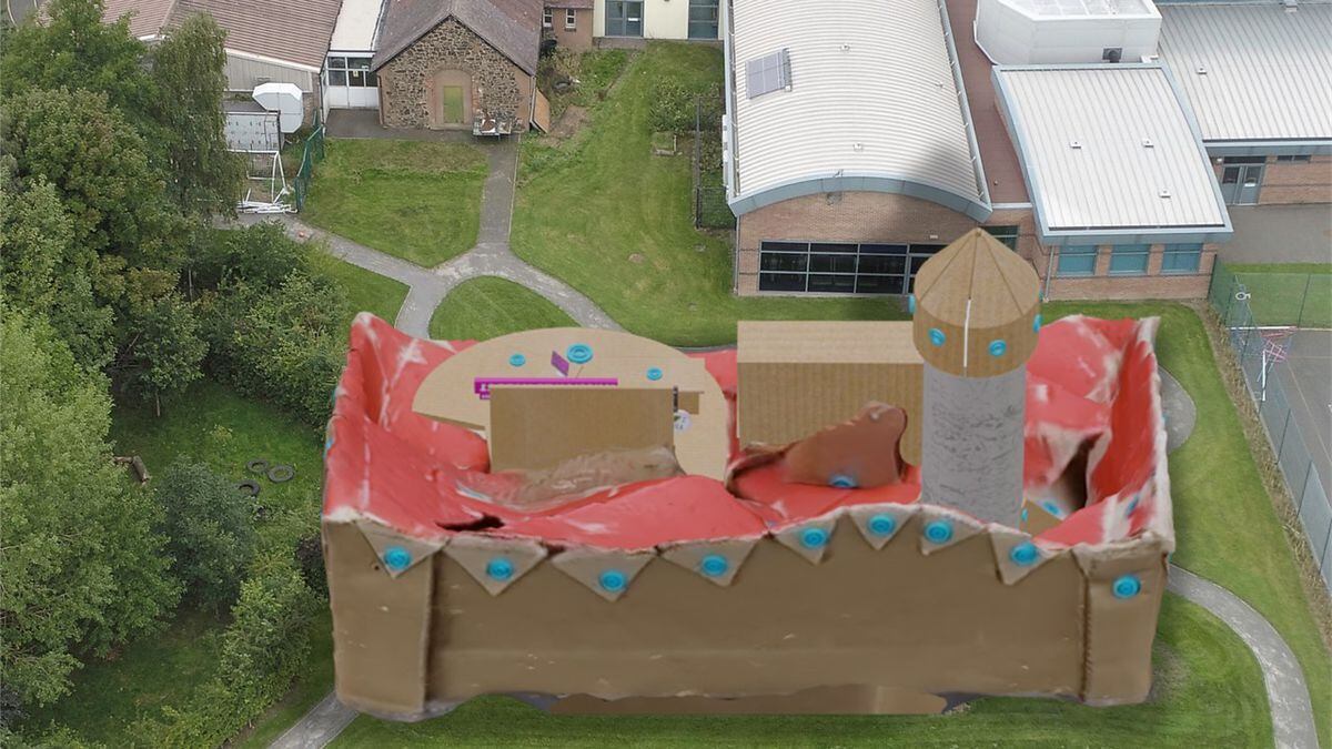 STEAM Co OurMillion22 launch day at St Lawrence Primary - The cardboard Mars base camp virtual set from drone cam 
