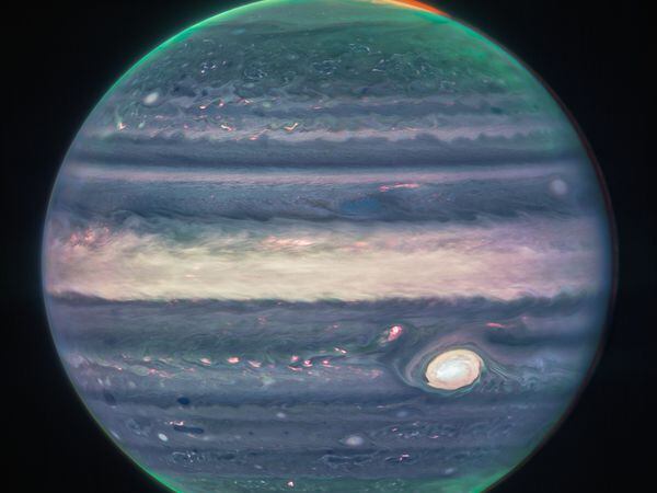 A composite image of Jupiter taken by the James Webb Space Telescope's Near-Infrared Camera. Photo courtesy: NASA, ESA, CSA, Jupiter ERS Team; image processing by Judy Schmidt