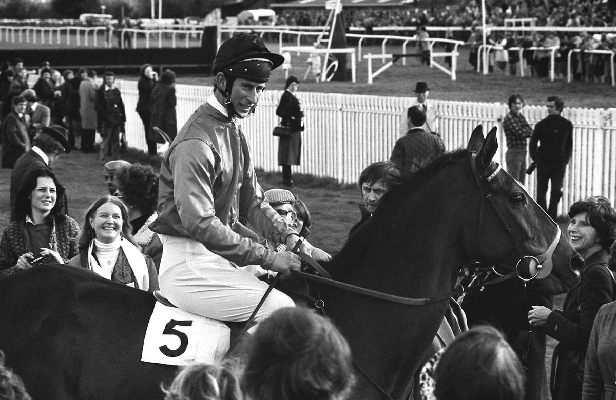 Prince Charles on his ten year old Irish chaser Allibar at Ludlow where he finished second in an Amateur riders steeplechase.