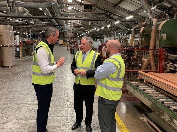 Lee Burford, Simon Baynes MP and Josh Burbidge at the Archwood Group factory floor