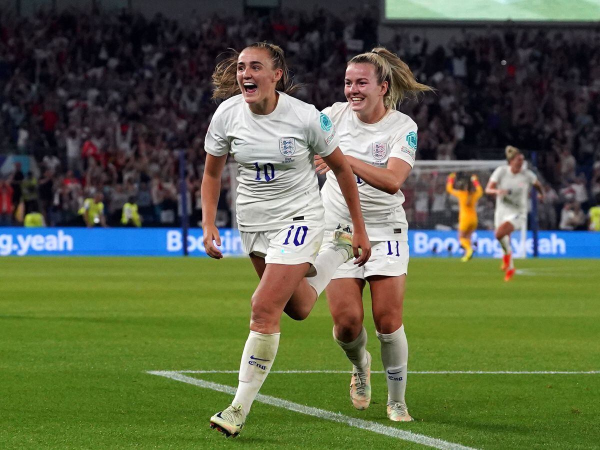 England's Georgia Stanway celebrates scoring her side's second goal of the game during the UEFA Women's Euro 2022 Quarter Final match at the Brighton & Hove Community Stadium. Photo: Gareth Fuller/PA Wire