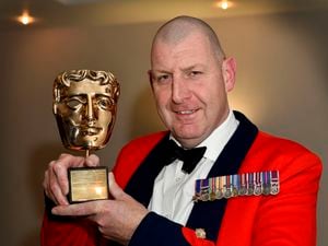 Garrison Sergeant Major Andrew ‘Vern’ Stokes with his BAFTA award at Ironbridge Rotary Club  dinner where he was guest speaker. Photo: Dave Bagnall.