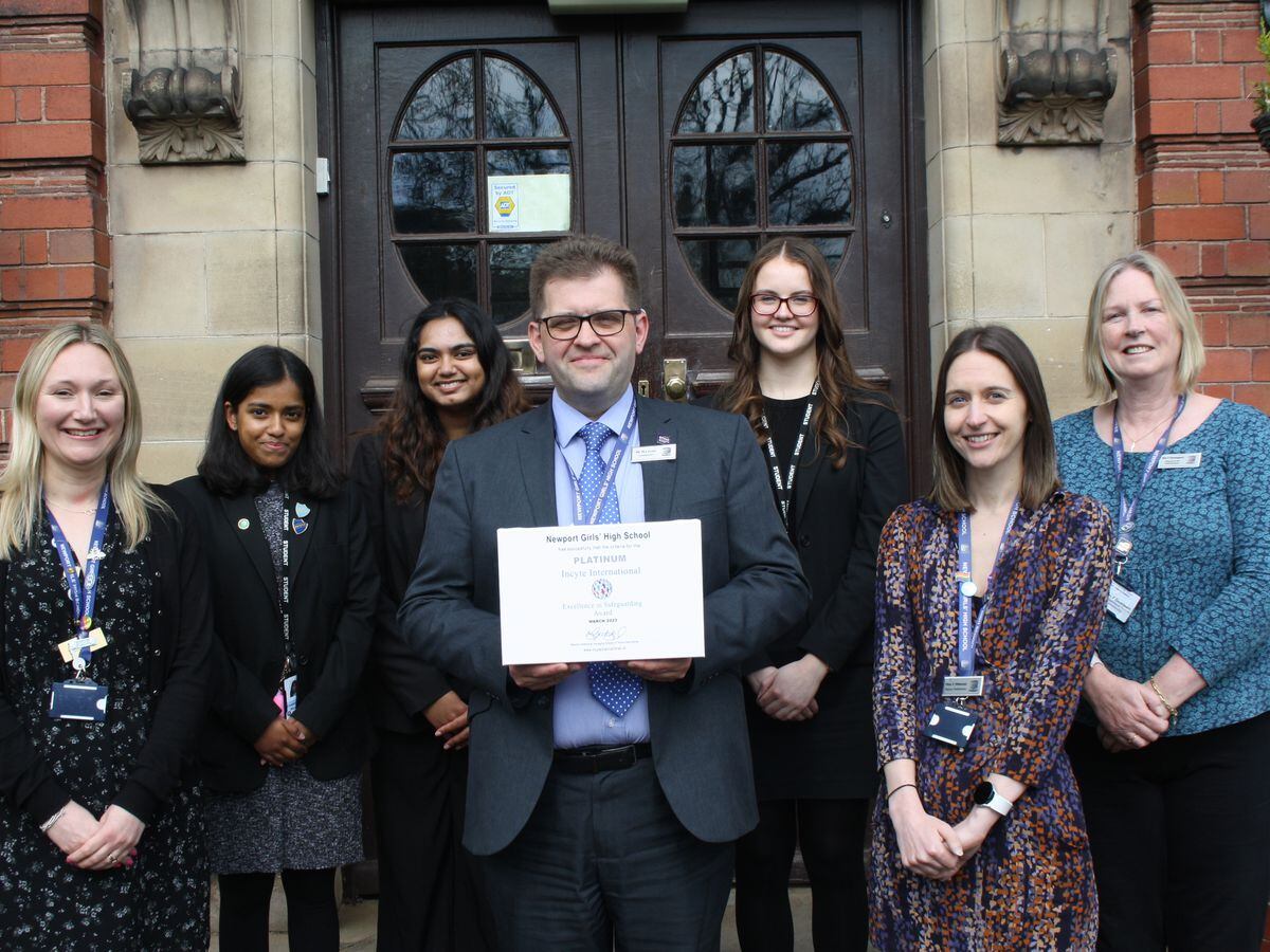 Members of the staff safeguarding team along with Head Girl team members responsible for pupil well-being. From left are Kathryn Danby, Onara Perera, headteacher Michael Scott, Olivia Augustus, MSophie Webster - deputy head, and Fiona Davenport.