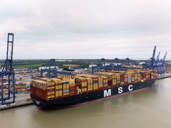The world's largest cargo ship MSC Loreto prepares to leave the Port of Felixstowe in Suffolk after her maiden call to the UK