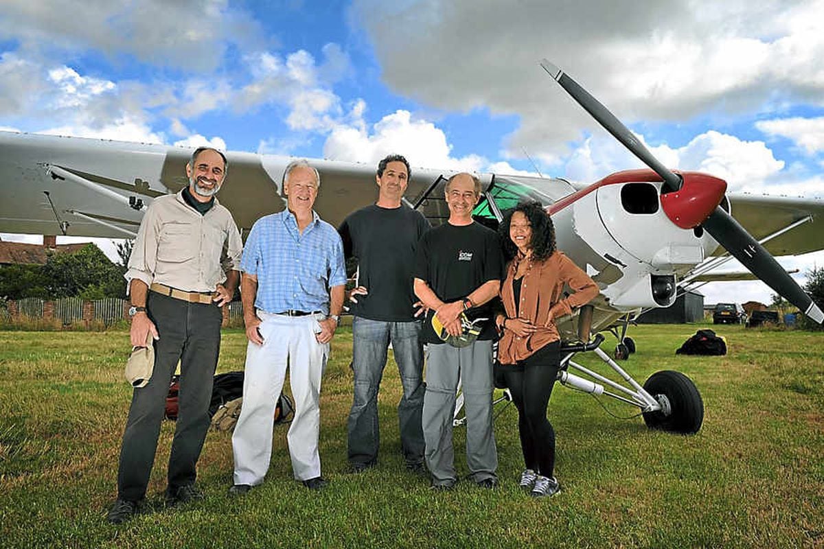 Bob Pooler, second from left, from Sherlowe, near Telford, with visiting pilots Alexis Peltier, left, Michel Laplace-Toulouse, centre and Thierry Barbier with his daughter Tarah Barbier