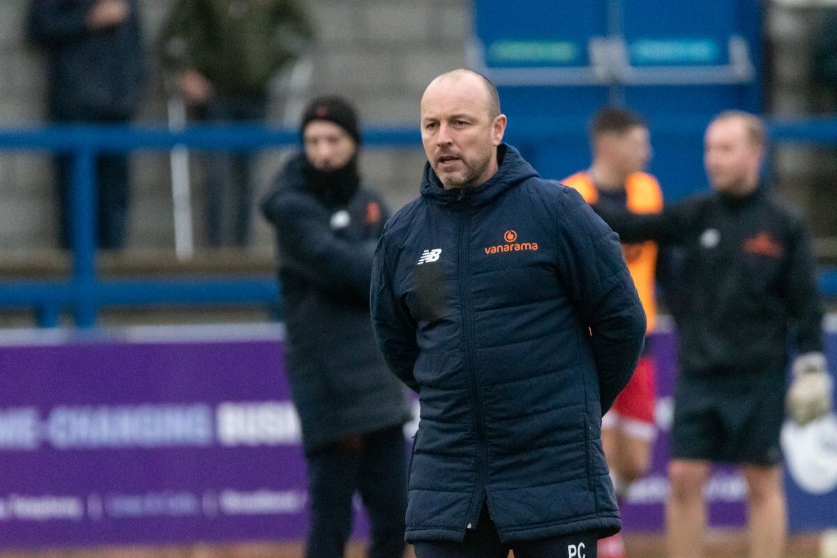 AFC Telford United manager Paul Carden during warm up Pic: Kieren Griffin