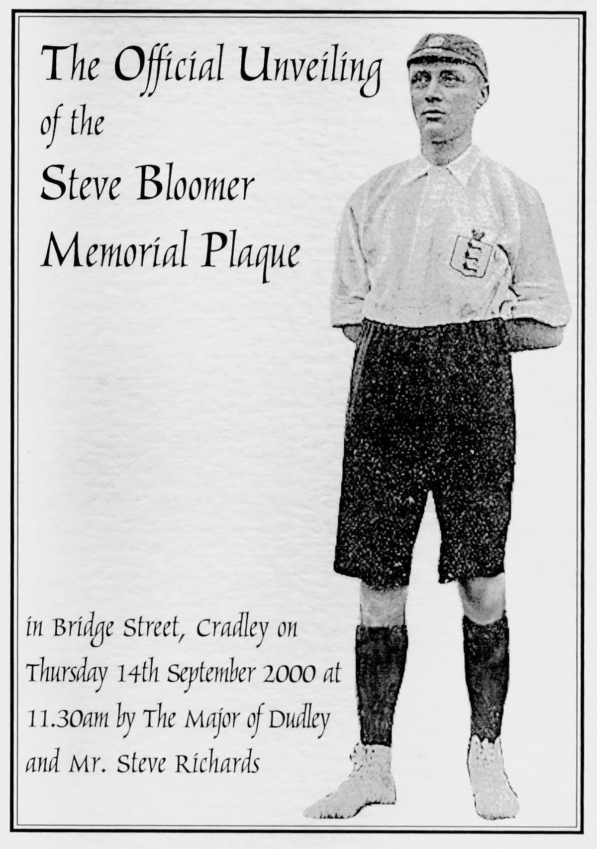 The programme for the unveiling of the Steve Bloomer memorial plaque in 2000