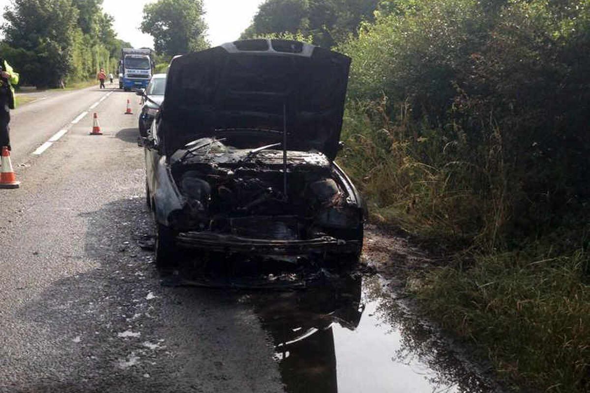 Shropshire road blocked after car fire