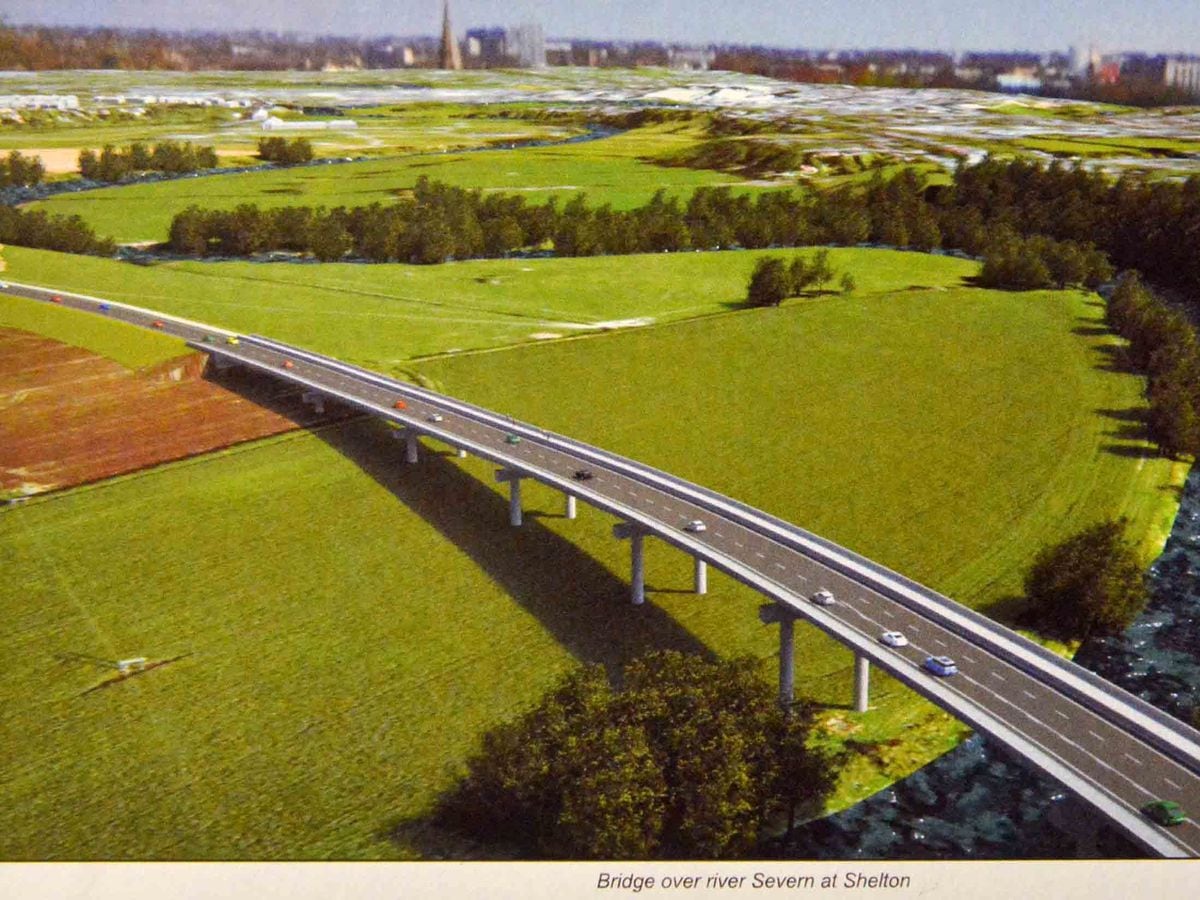 Artist's impression of the north-west relief road over the river Severn at Shelton, near Shrewsbury