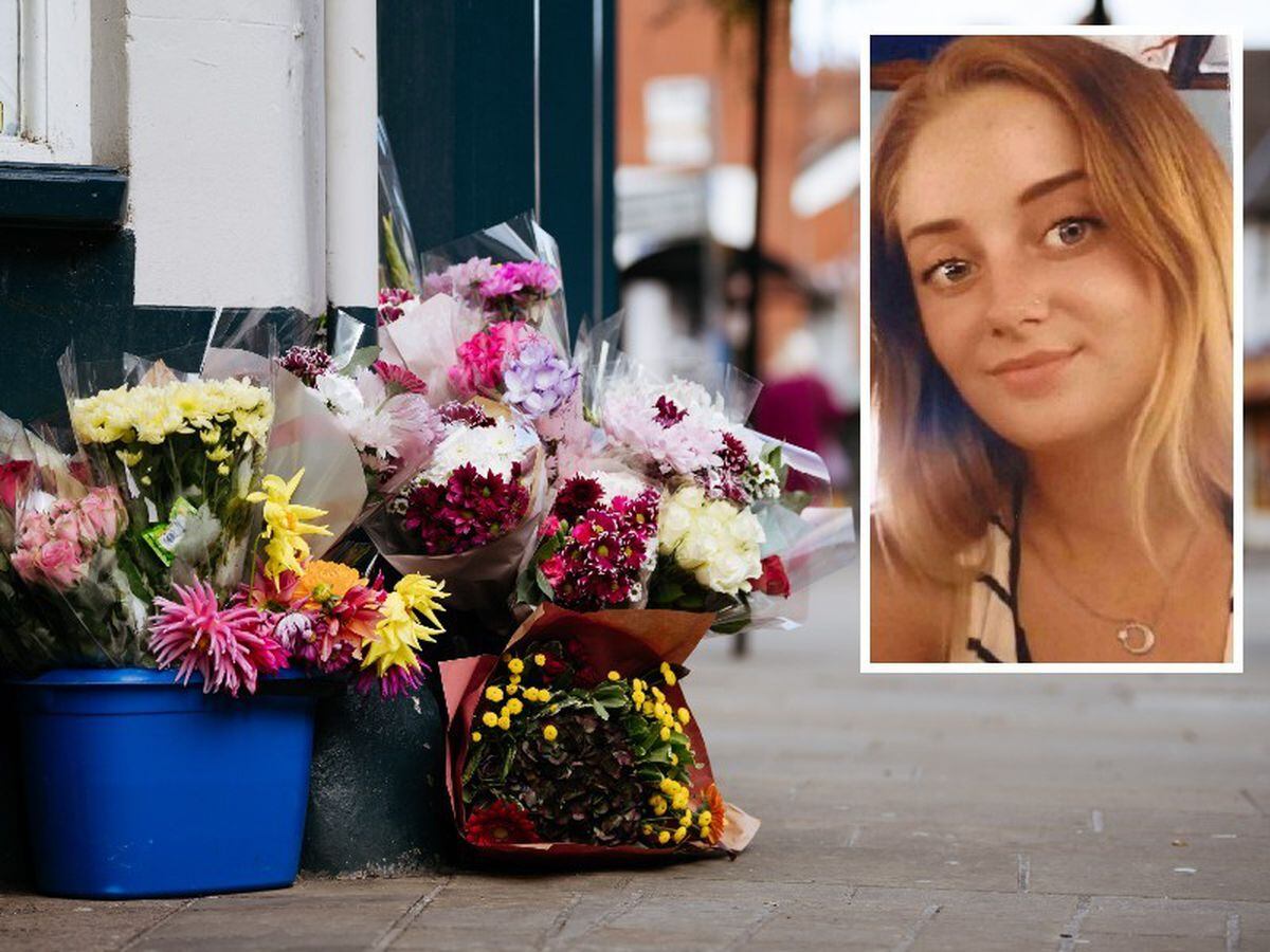 Flowers laid in memory of Rebecca Steer, inset, who died in Willow Street, Oswestry