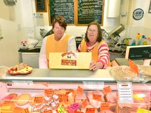 Mary Walley, left, from Mary's Meats pictured at Market Drayton Indoor Market