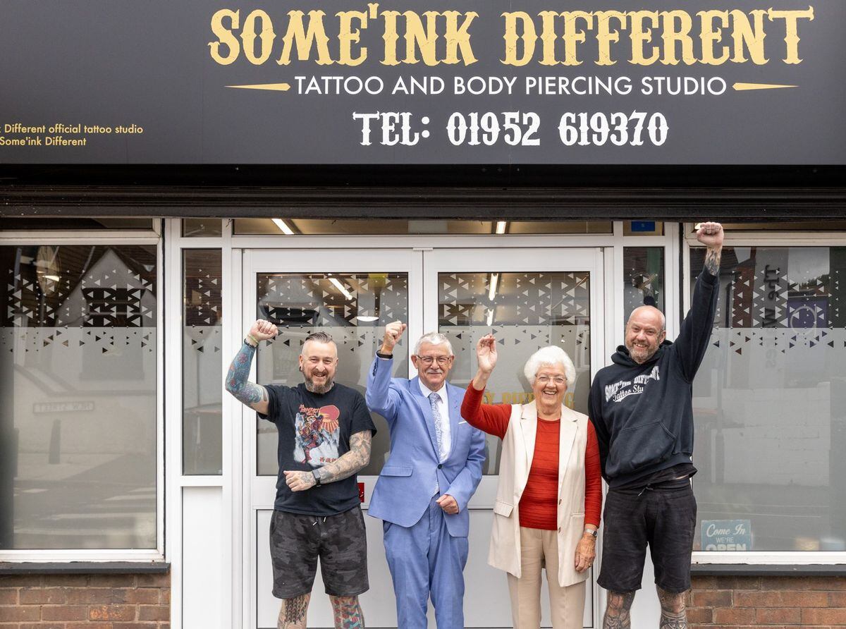 Some’Ink Different business owners Rob Saxon, far left, and Garth Cole-Jones, far right, with Councillors Steve Reynolds and Hilda Rhodes, ward councillors for Oakengates and Ketley Bank.